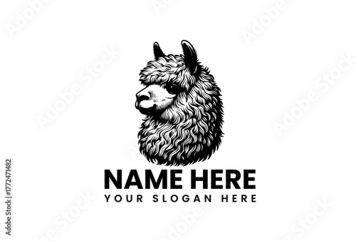 Black and white llama head logo with customizable text for a brand or business identity