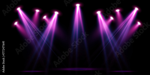 Bright pink neon lights and LED spotlights for concert stage. Realistic performance or disco lighting with glowing pink beams and reflections on transparent vector background.