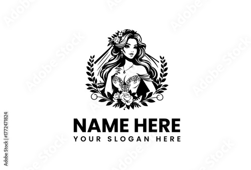 Elegant Woman with Flowers and Laurel Wreath Logo