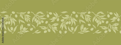 Mediterranean Olive Branch Seamless Border Pattern, Green Botanical Floral Tape Design