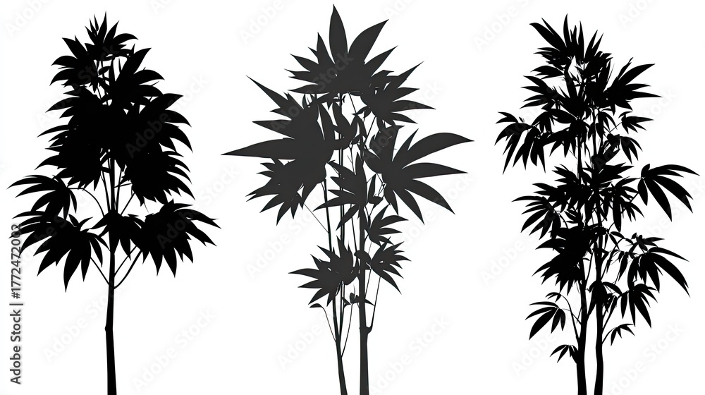 Fototapeta premium Three silhouettes of plants with large, palmate leaves.