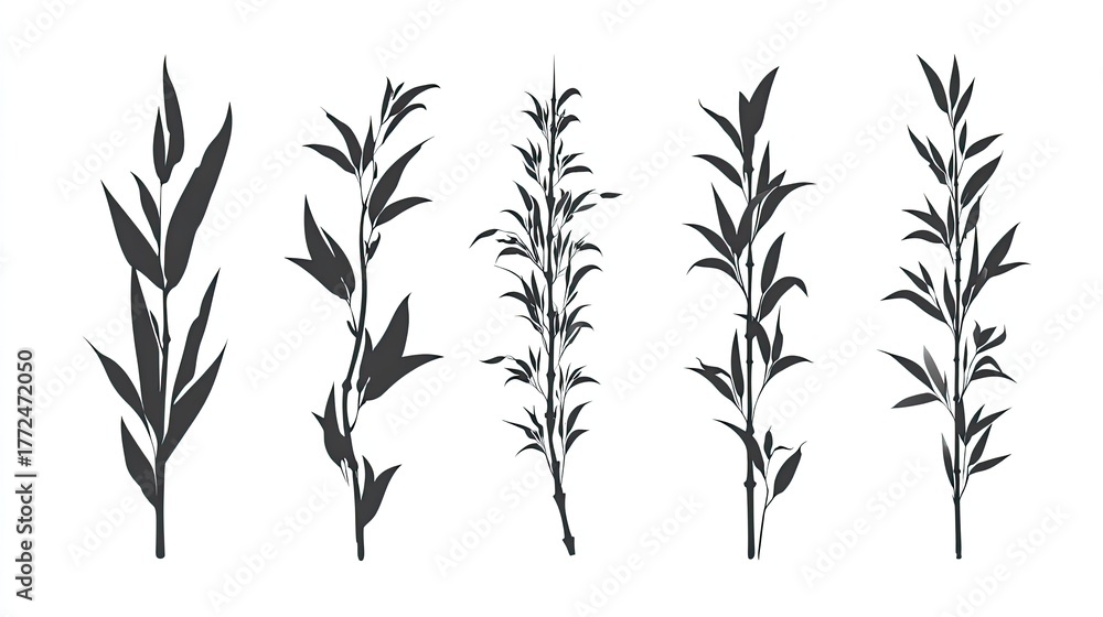Naklejka premium Silhouettes of five bamboo stalks with lush green leaves.