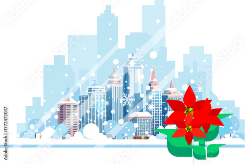 冬の都会の街並みをポインセチアの窓辺で見る