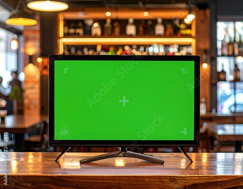 Modern display with green screen set in a dimly lit bar interior