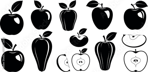 Collection of silhouette apples and slices various shapes and styles for design vector