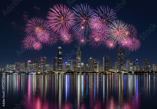 fireworks over the city building at night