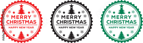 Vector Collection of Circular 'Merry Christmas Happy New Year' Badges with Snowflakes