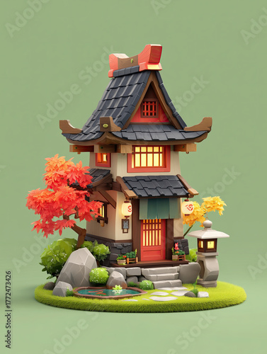 Isometric 3D illustration of a old Japanese wooden house isolated on a soft green background
