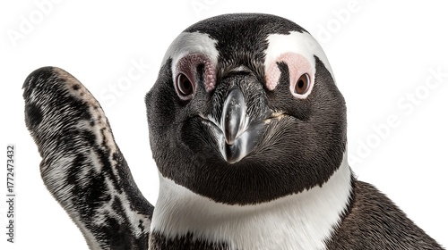 African penguin, Spheniscus demersus smiling and waving a flipper, isolated on white background, cute animal portrait