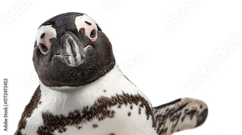 African penguin, Spheniscus demersus smiling and waving a flipper, isolated on white background, cute animal portrait