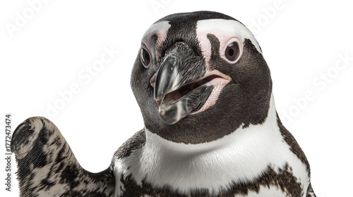 African penguin, Spheniscus demersus smiling and waving a flipper, isolated on white background, cute animal portrait