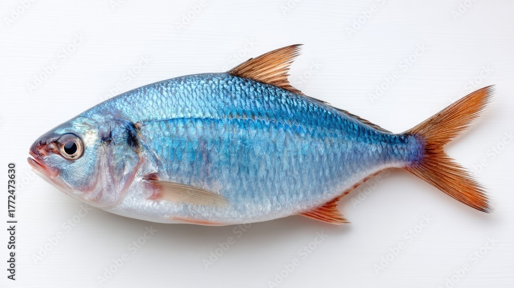 Fototapeta premium A detailed studio photograph captures a small schooling fish with iridescent blue scales and orange fins against a clean white background showcasing its intricate texture and form