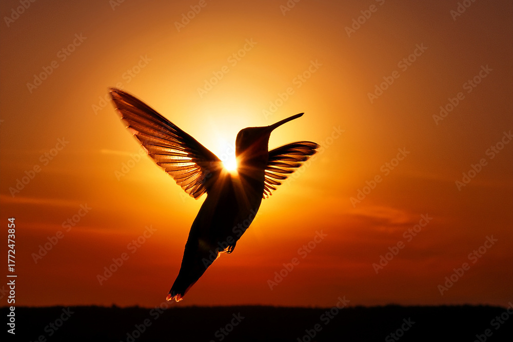Fototapeta premium Dramatic silhouette of hummingbird mid‑flight, supporting lessons on biodiversity, peaceful coexistence, and understanding wildlife behavior. 