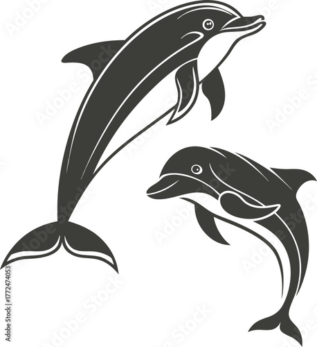 Two stylized dolphins leaping in harmony 