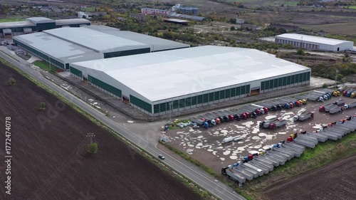 Aerial view to wheat depot and many trucks near to Burgas, Bulgaria