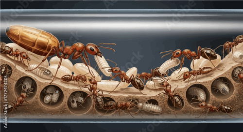 Close-up of Red Ants within their Colony Tending to Larvae, Insect Life Cycle