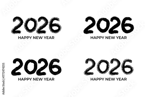 Hand Drawn 2026 Number Set. Black Brush Stroke Calligraphy Design for New Year Logos and Greeting Cards Vector Illustration