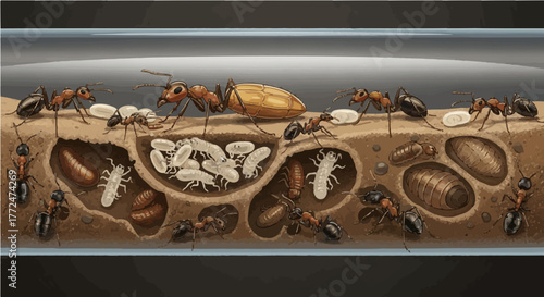 Detailed Macro View of an Ant Colony with Queen and Larvae, Insect Society