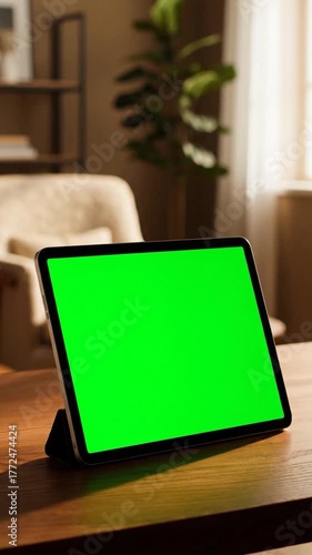 A tablet with a green screen rests on a wooden table. A living room setup with a plant