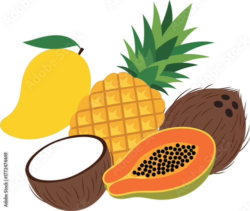 Vibrant tropical fruits assortment fresh mango pineapple papaya coconut isolated on white vector