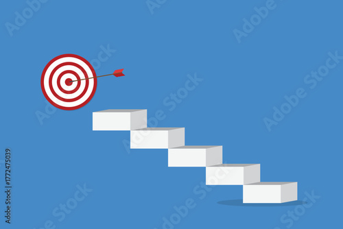 Goal, motivation to success. Climb up stairs to reach goal target on the top.	