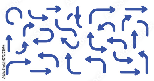 A collection of blue arrows pointing in various directions on a white background