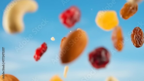 Colorful assortment of nuts and dried fruits floating against a bright blue sky background