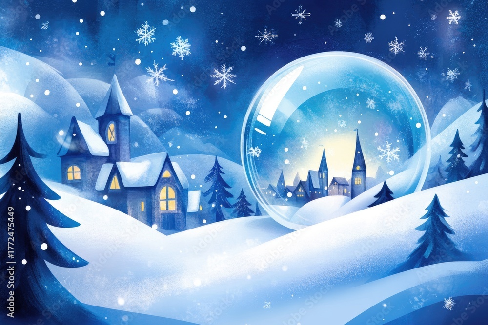 Naklejka premium Festive winter snow globe with cozy village scene and holiday decor elements