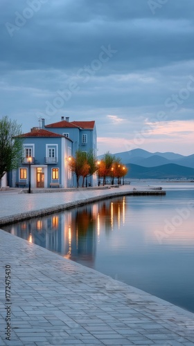 Twilight Scene Over Coastal Fishing Town With Lighted Buildings Reflecting On Calm Water And Distant Mountains Under Cloudy Sky