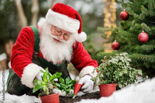 Santa tending to christmas plants in winter garden