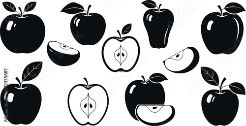 Collection of silhouetted apples whole and sliced fresh fruit icons for healthy eating design vector