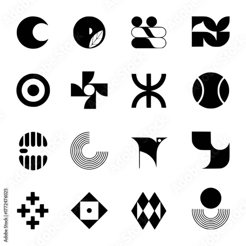 Collection of 16 Abstract Geometric Black and White Icons and Symbols