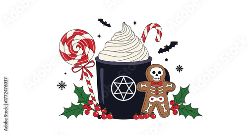 A spooky yet festive holiday illustration featuring a dark mug with a hexagram, skeleton gingerbread man, candy, holly, and bats.