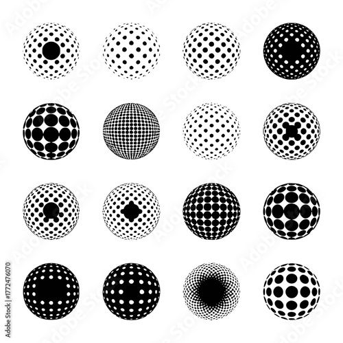 Collection of 16 Black and White Spheres with Dot Patterns