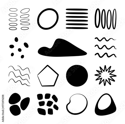 Collection of Abstract Black Shapes and Forms on White Background