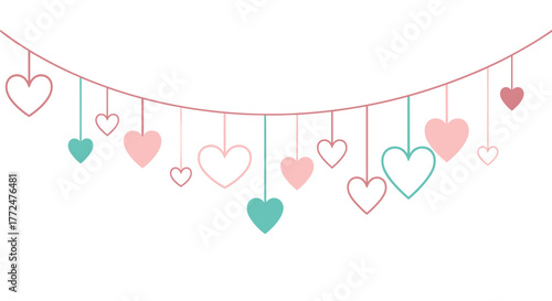 A whimsical string of hanging hearts in soft pastel colors, creating a charming and romantic decorative garland.