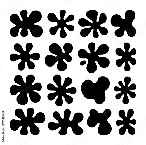 Collection of Black Blob and Splatter Shapes on White Background