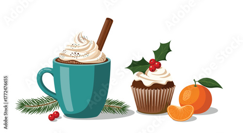 Cozy winter and holiday treats: hot cocoa with whipped cream, a festive cupcake with holly, and fresh tangerines with pine branches.