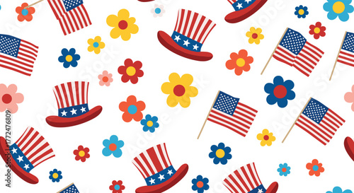 Vibrant seamless pattern featuring American flags, patriotic Uncle Sam hats, and various colorful flowers perfect for national holidays.