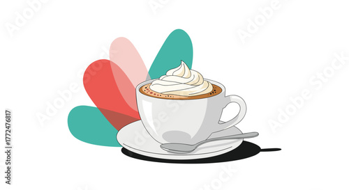 Stylized illustration of a warm coffee drink with foamy whipped cream, resting on a dish with cutlery, against soft organic shapes.