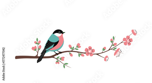 A colorful stylized bird perches on a branch adorned with delicate pink cherry blossoms and fresh green leaves.