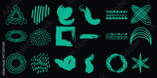 Collection of Teal Abstract Brush Strokes and Geometric Shapes on Black