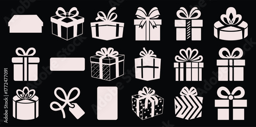 Collection of White Gift Boxes and Tags on Black Background