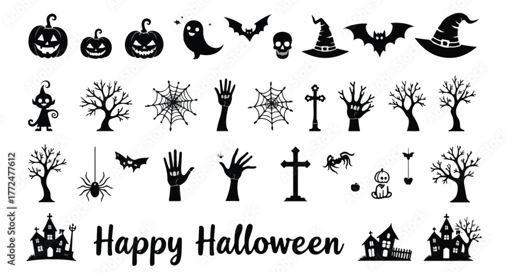 Fototapeta premium Collection of Halloween silhouette icons and characters.