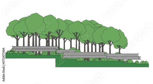 Cross-section illustration of a highway with trees and vegetation, showing environmental design.