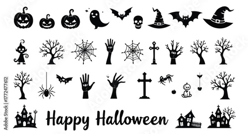 Collection of Halloween silhouette icons and characters.