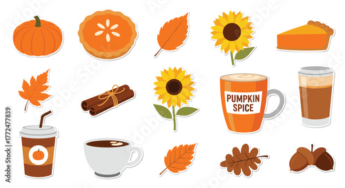 A collection of cozy autumn and fall season elements including pumpkins, leaves, sunflowers, pumpkin pie, cinnamon, and warm drinks.