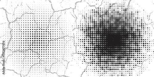 White and black halftone dots color pattern, gradient, grunge texture, background. vector.
