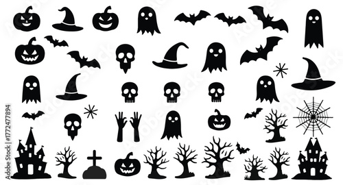 Collection of Halloween silhouette icons and characters.