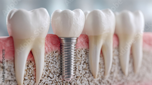 Detailed visualization of dental implant integrated with jawbone surrounded by natural teeth and healthy pink gums illustrating modern tooth replacement technology